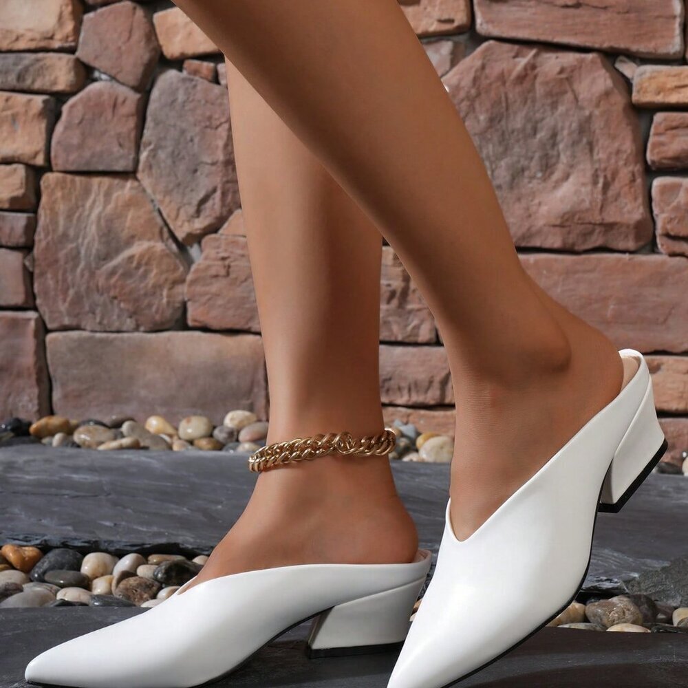 White Elegant Women's Comfortable Pointed Toe Block Heel Mules - Picture 5 of 6